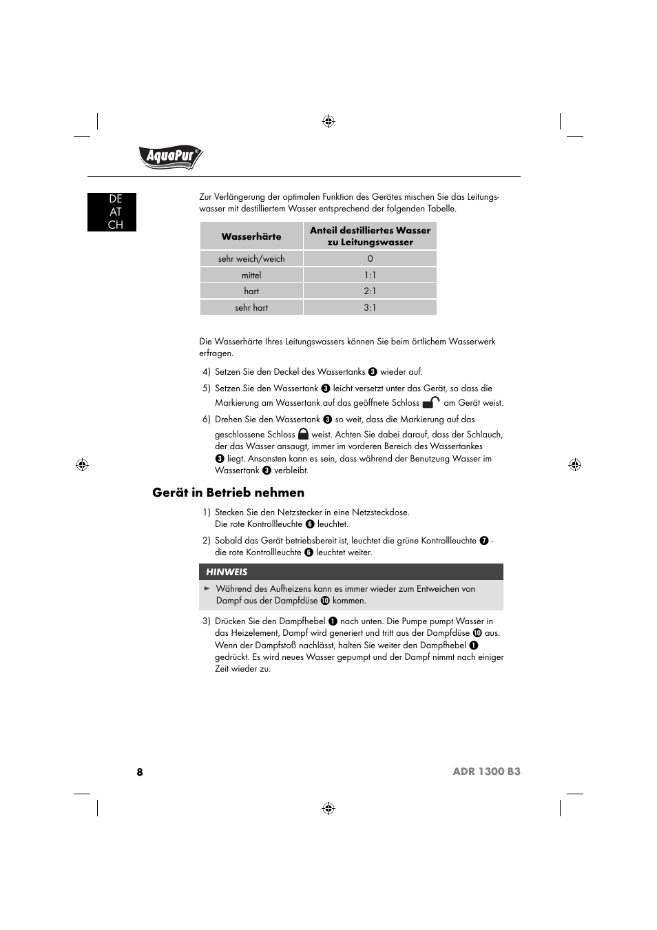 Gerät in betrieb nehmen | Aquapur ADR 1300 B3 Handheld Steam Cleaner User Manual | Page 11 / 68