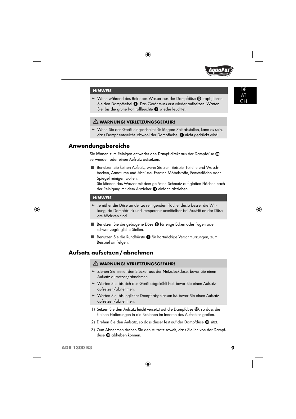 Anwendungsbereiche, Aufsatz aufsetzen / abnehmen | Aquapur ADR 1300 B3 Handheld Steam Cleaner User Manual | Page 12 / 68