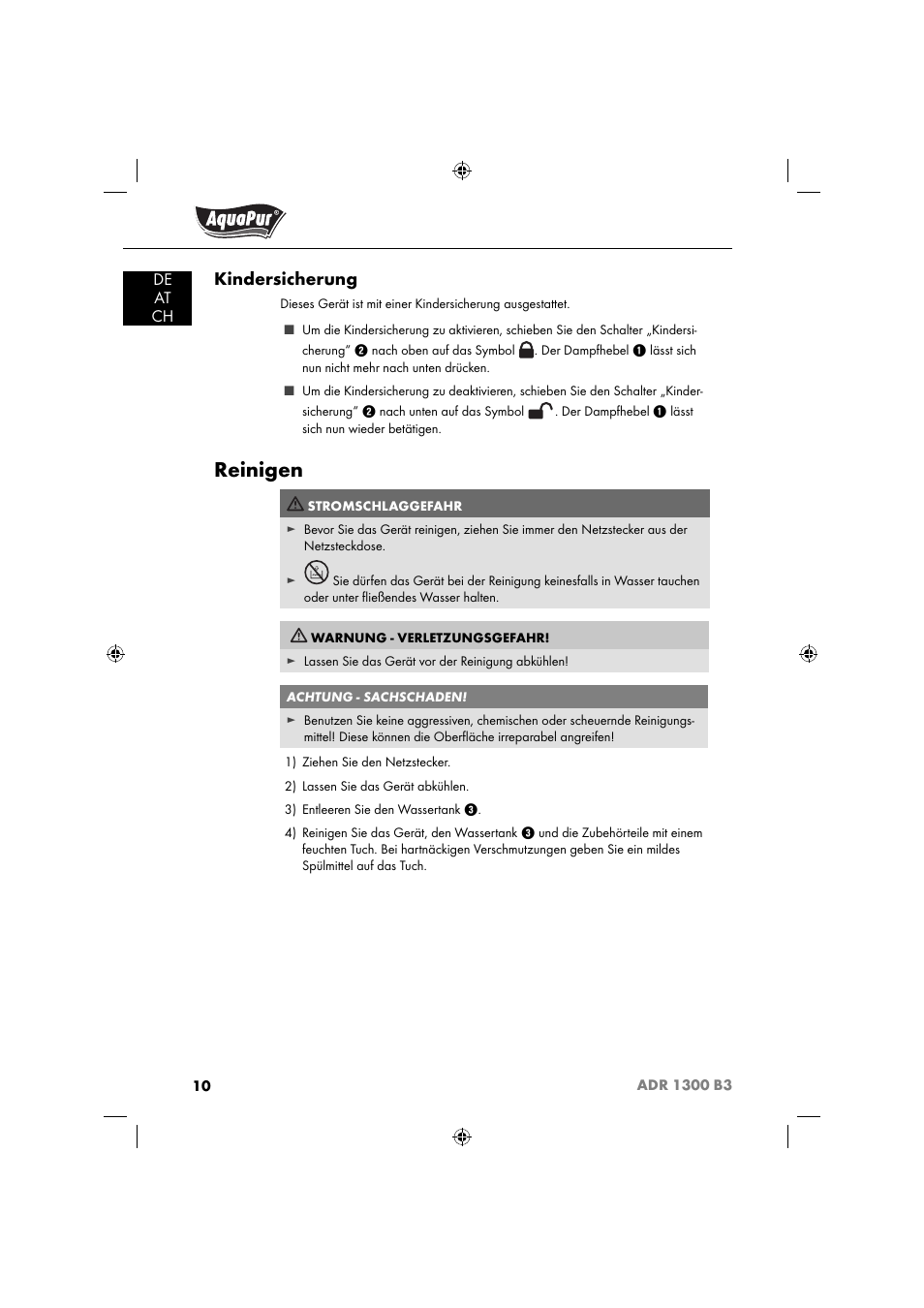 Reinigen, Kindersicherung | Aquapur ADR 1300 B3 Handheld Steam Cleaner User Manual | Page 13 / 68