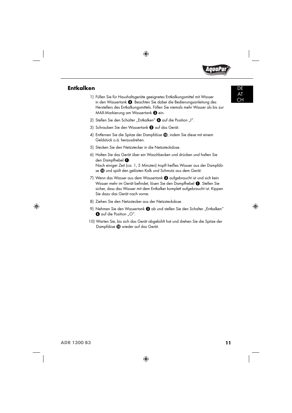 Entkalken | Aquapur ADR 1300 B3 Handheld Steam Cleaner User Manual | Page 14 / 68