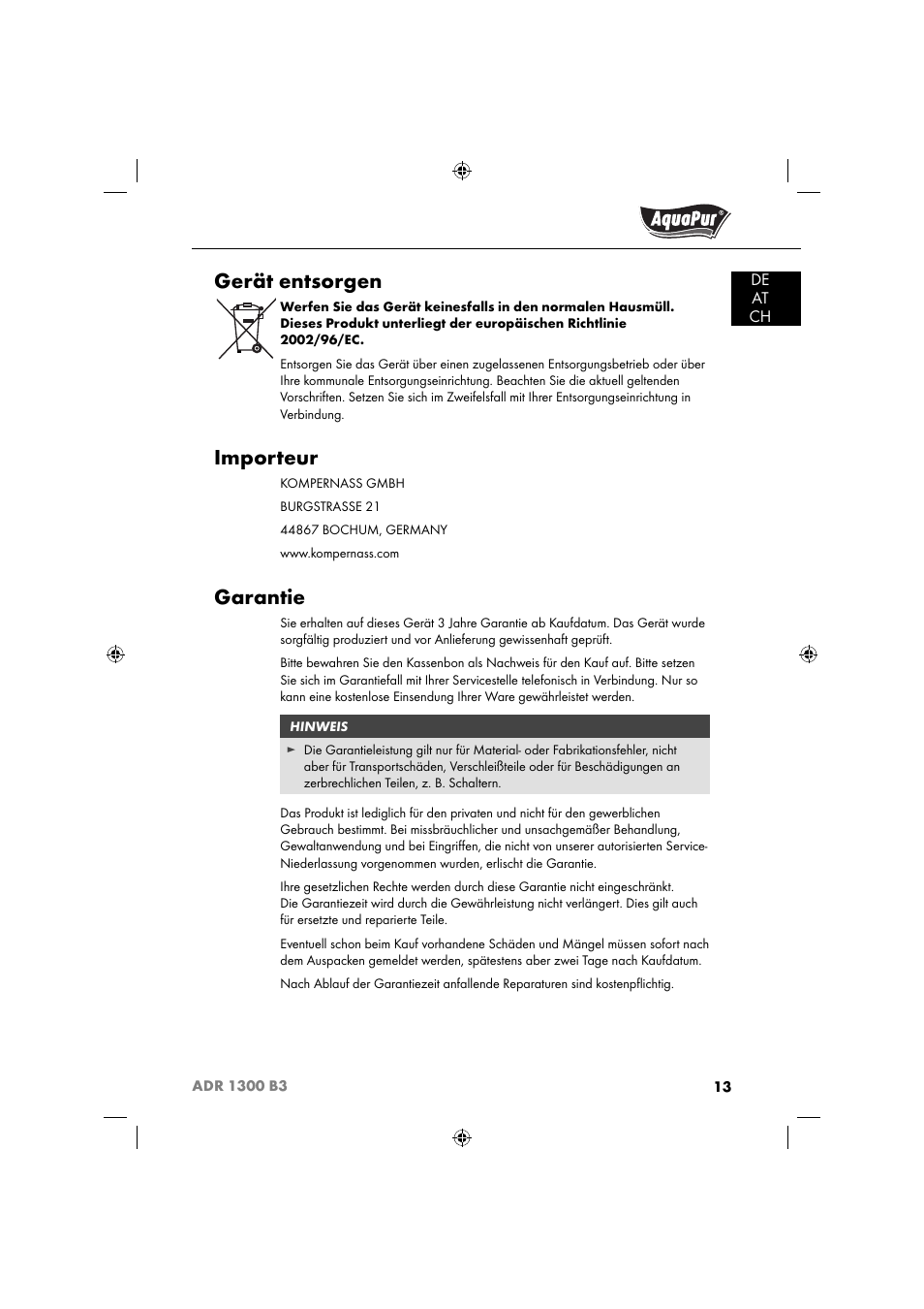 Gerät entsorgen, Importeur, Garantie | Aquapur ADR 1300 B3 Handheld Steam Cleaner User Manual | Page 16 / 68