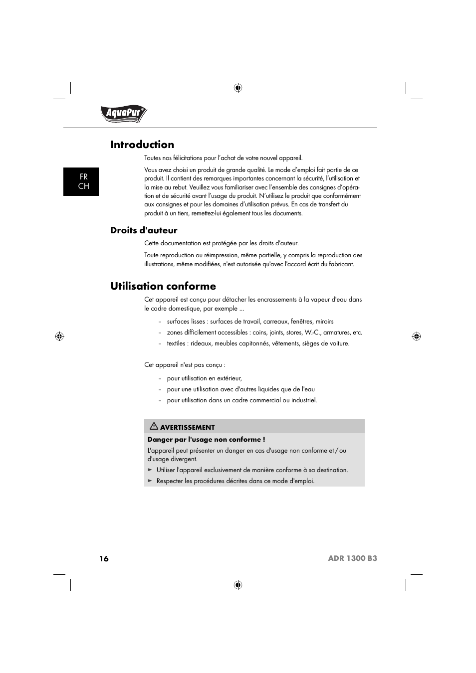 Introduction, Utilisation conforme, Droits d'auteur | Aquapur ADR 1300 B3 Handheld Steam Cleaner User Manual | Page 19 / 68