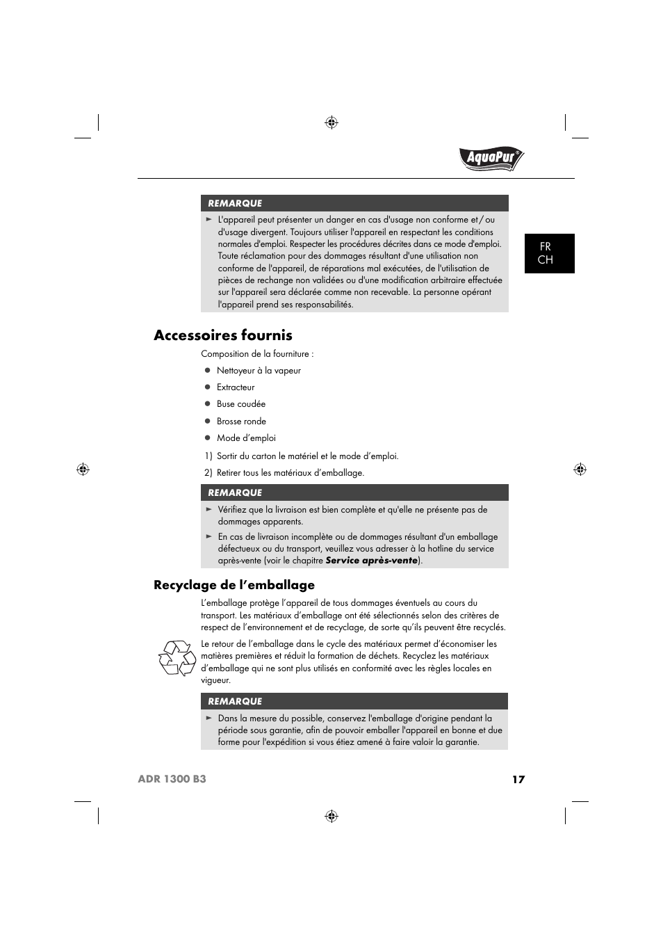 Accessoires fournis, Recyclage de l’emballage | Aquapur ADR 1300 B3 Handheld Steam Cleaner User Manual | Page 20 / 68