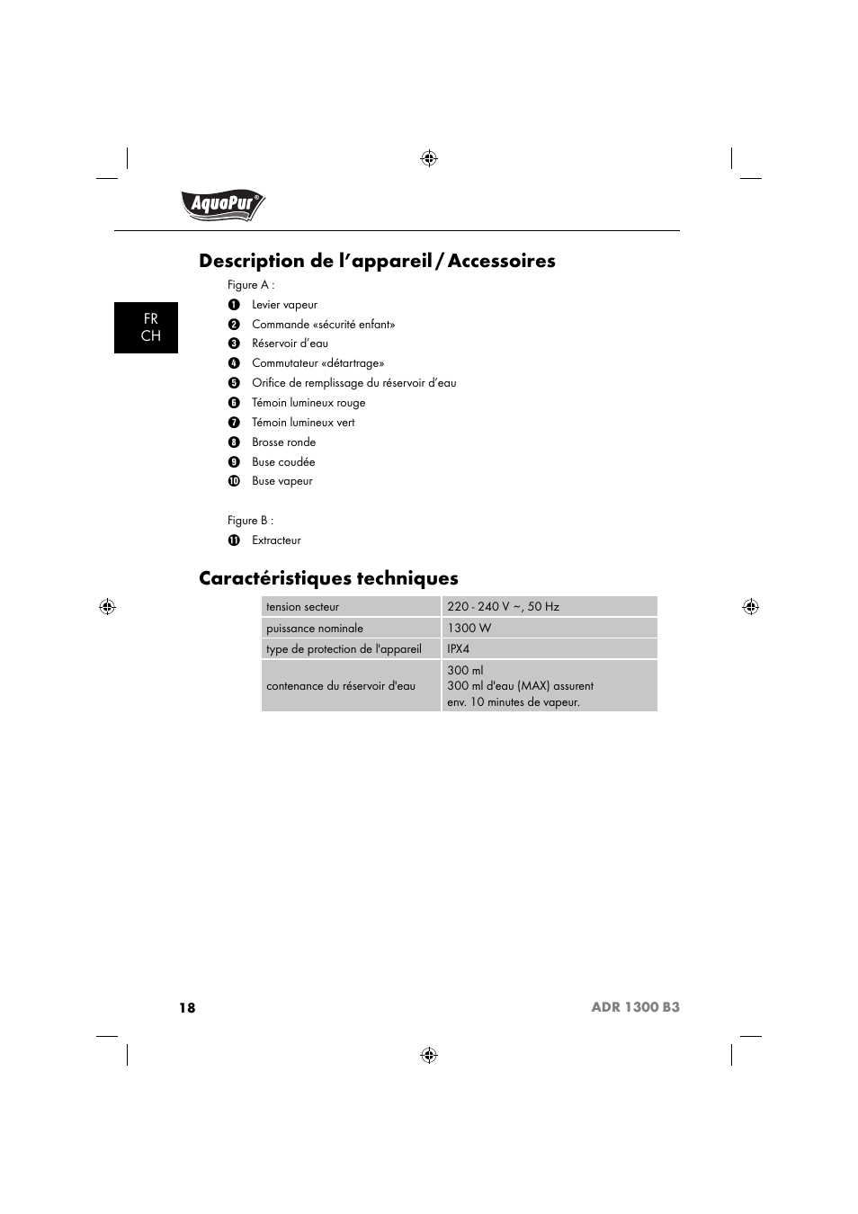 Description de l’appareil / accessoires, Caractéristiques techniques | Aquapur ADR 1300 B3 Handheld Steam Cleaner User Manual | Page 21 / 68