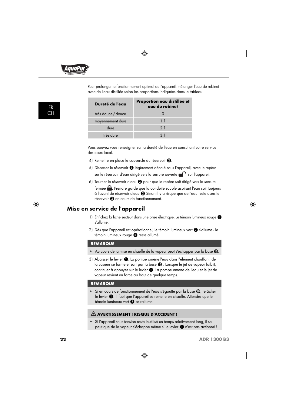 Mise en service de l'appareil | Aquapur ADR 1300 B3 Handheld Steam Cleaner User Manual | Page 25 / 68