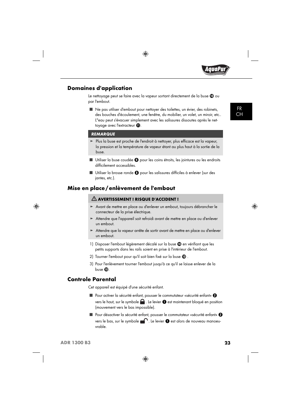 Domaines d'application, Mise en place, Enlèvement de l'embout | Controle parental | Aquapur ADR 1300 B3 Handheld Steam Cleaner User Manual | Page 26 / 68