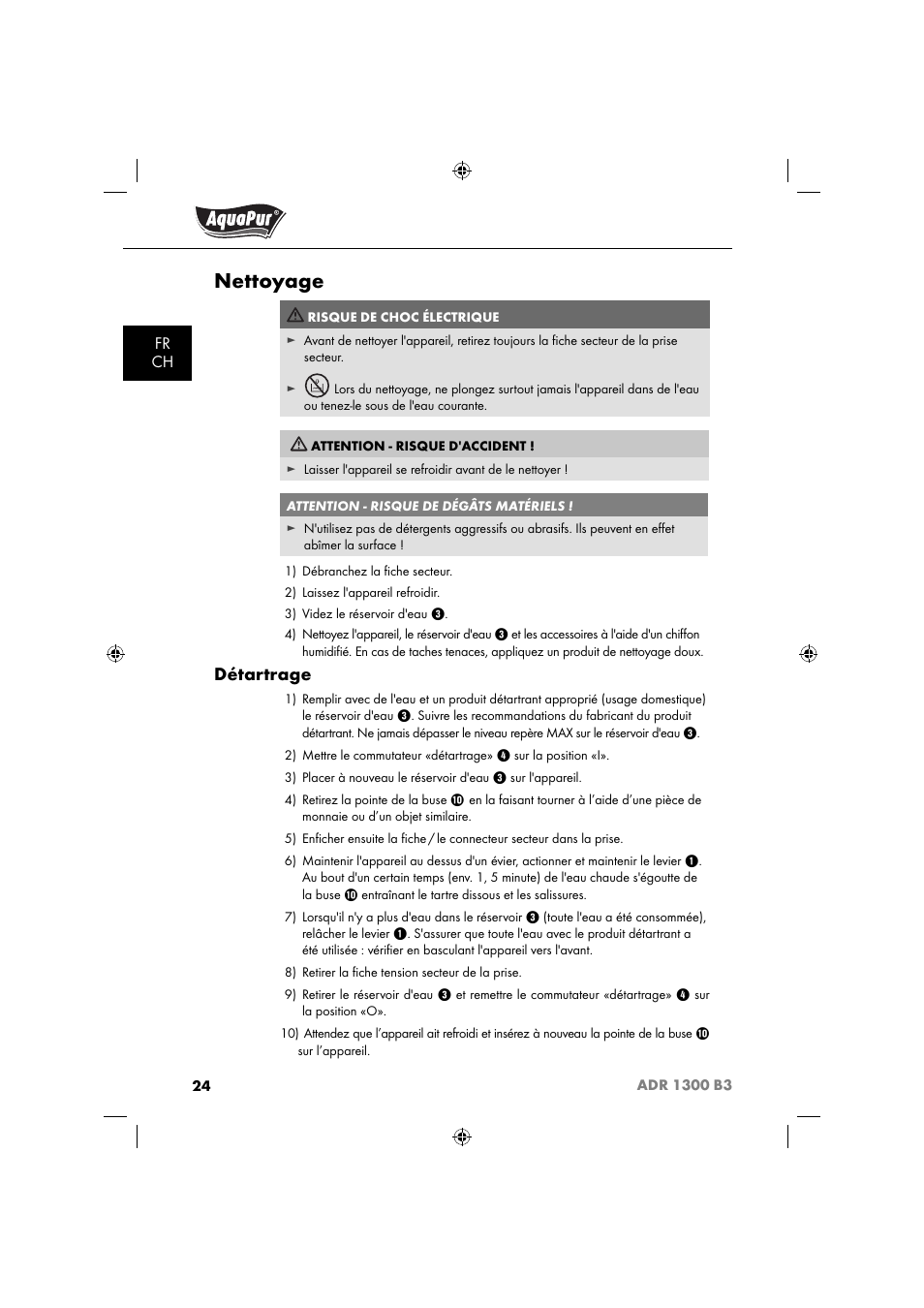 Nettoyage, Détartrage | Aquapur ADR 1300 B3 Handheld Steam Cleaner User Manual | Page 27 / 68
