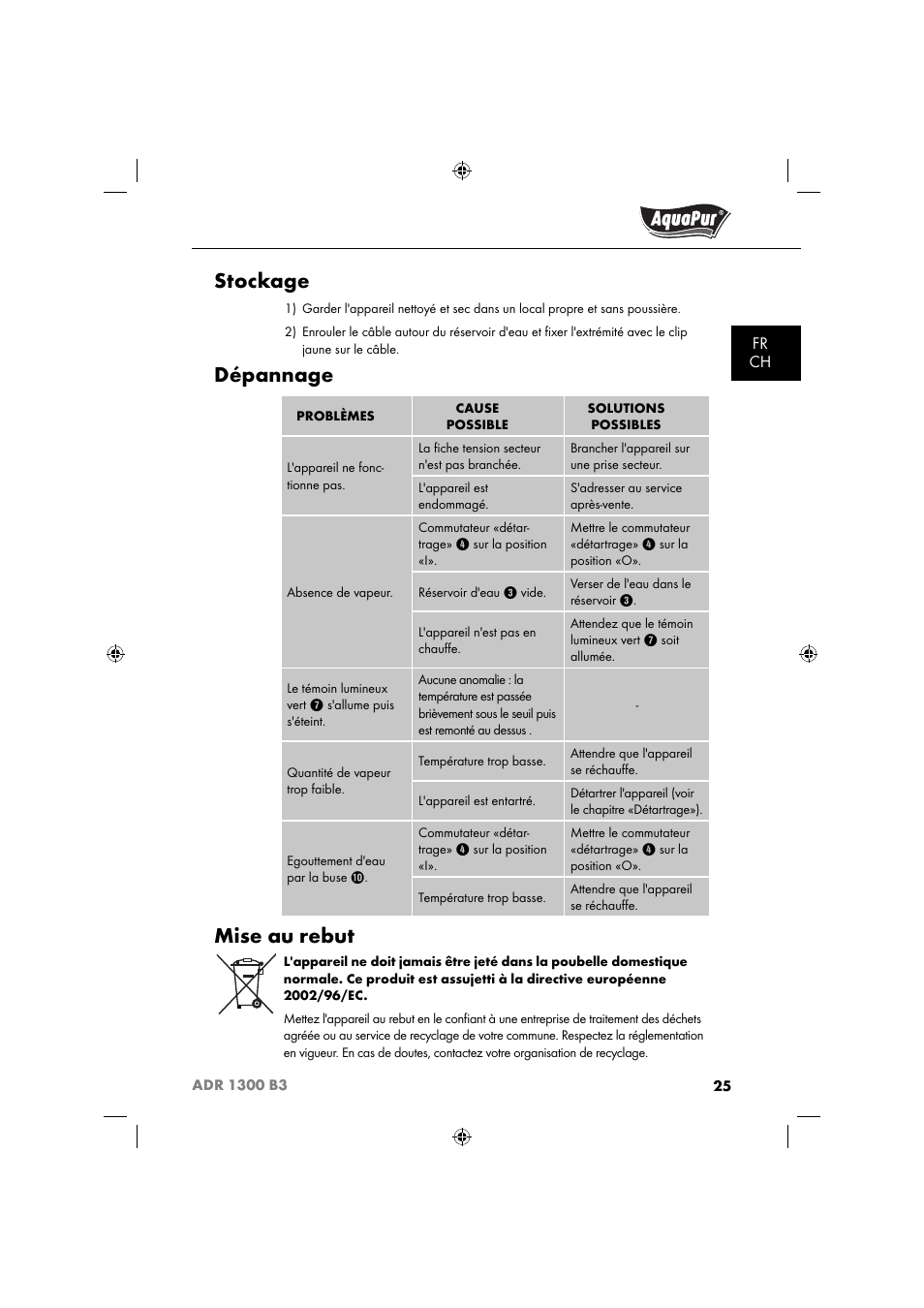 Stockage, Dépannage, Mise au rebut | Aquapur ADR 1300 B3 Handheld Steam Cleaner User Manual | Page 28 / 68