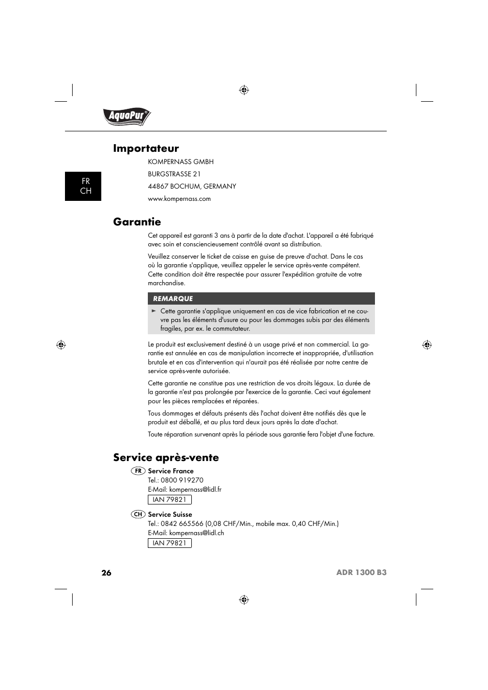 Importateur, Garantie, Service après-vente | Aquapur ADR 1300 B3 Handheld Steam Cleaner User Manual | Page 29 / 68