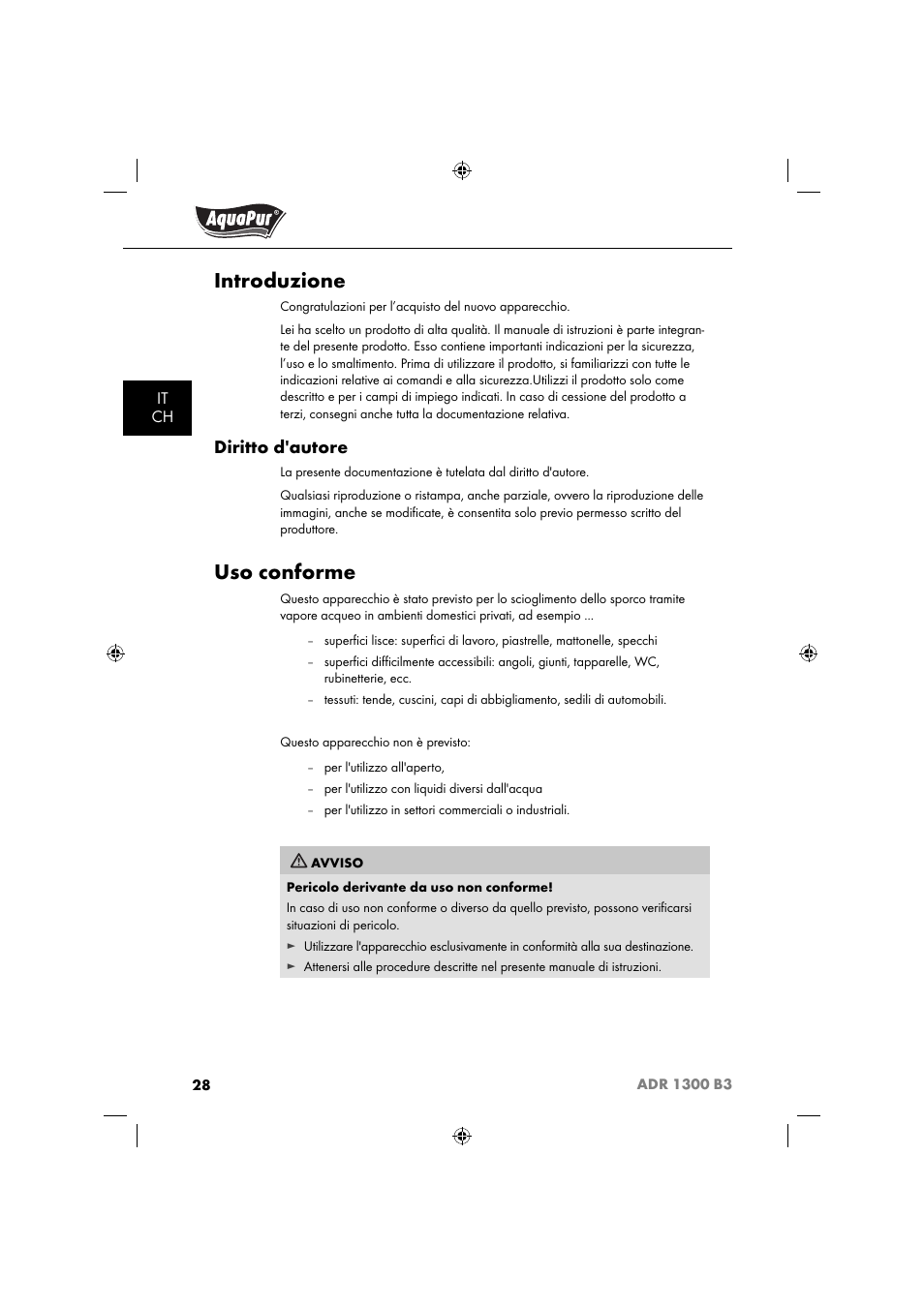 Introduzione, Uso conforme, Diritto d'autore | Aquapur ADR 1300 B3 Handheld Steam Cleaner User Manual | Page 31 / 68