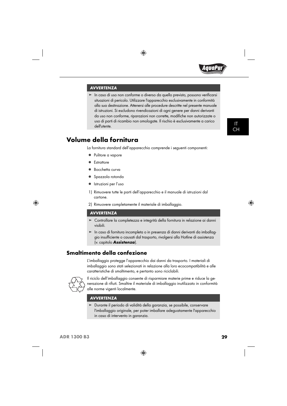 Volume della fornitura, Smaltimento della confezione | Aquapur ADR 1300 B3 Handheld Steam Cleaner User Manual | Page 32 / 68