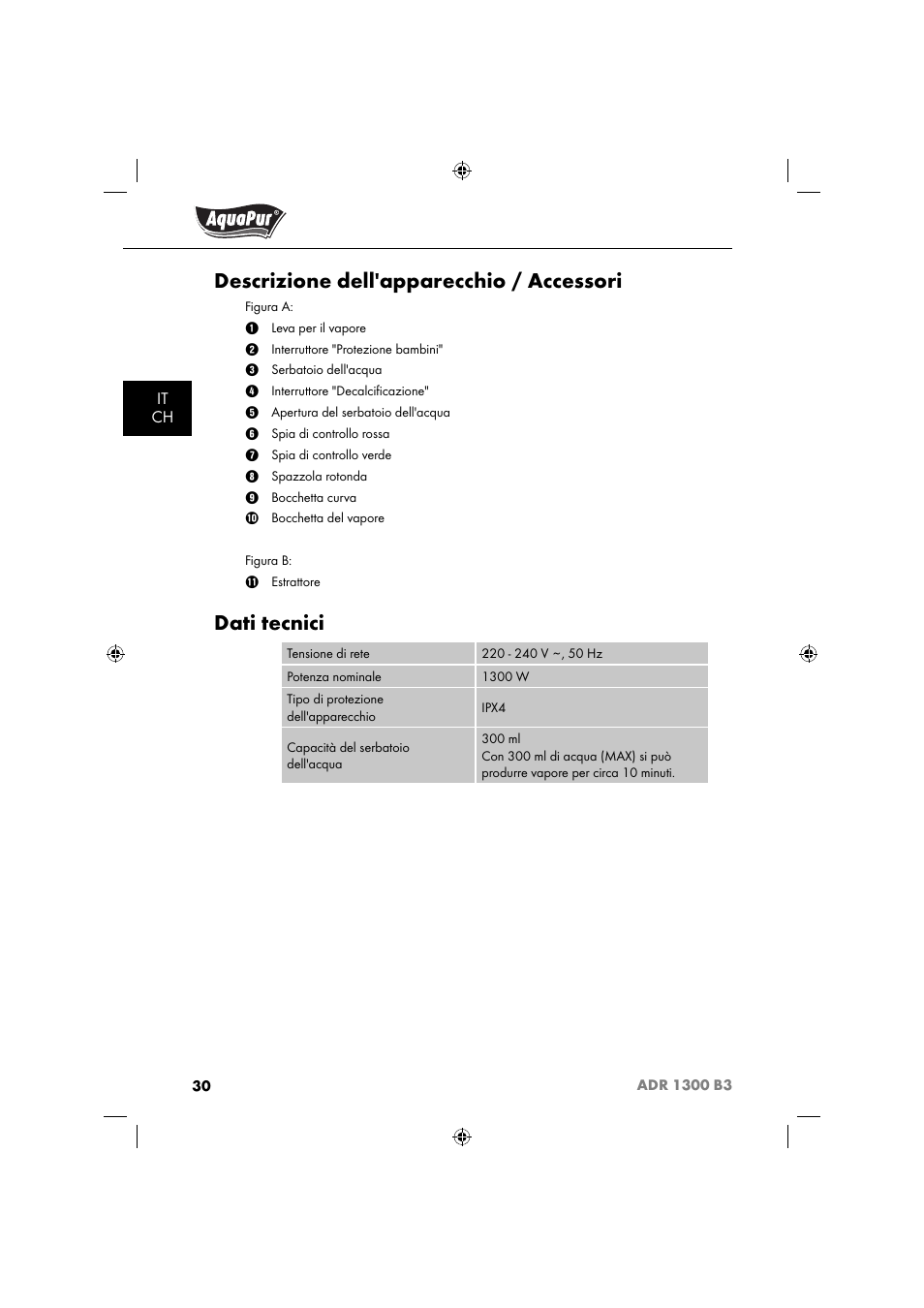 Descrizione dell'apparecchio / accessori, Dati tecnici | Aquapur ADR 1300 B3 Handheld Steam Cleaner User Manual | Page 33 / 68