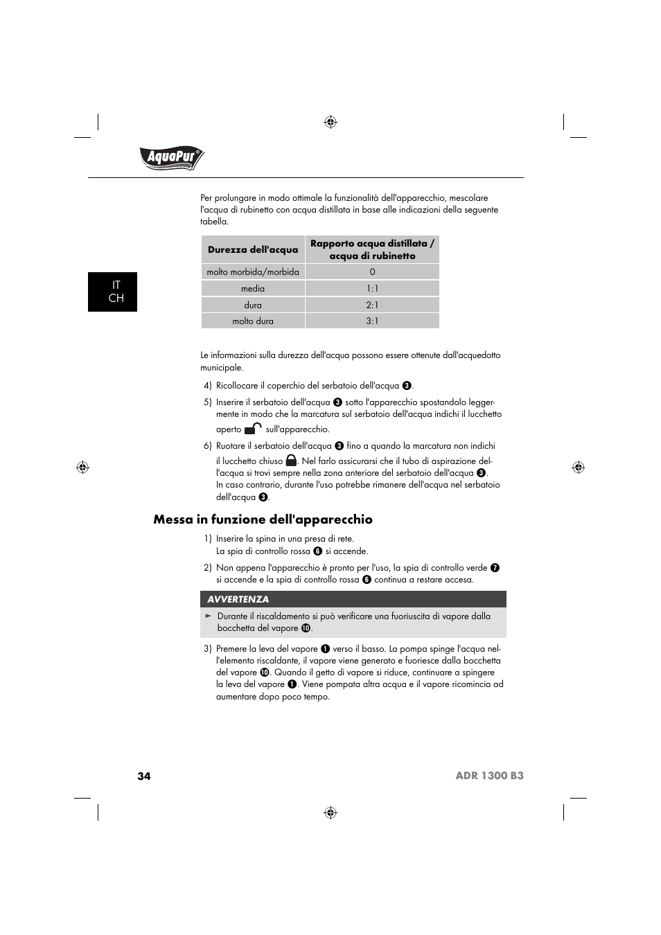 Messa in funzione dell'apparecchio | Aquapur ADR 1300 B3 Handheld Steam Cleaner User Manual | Page 37 / 68