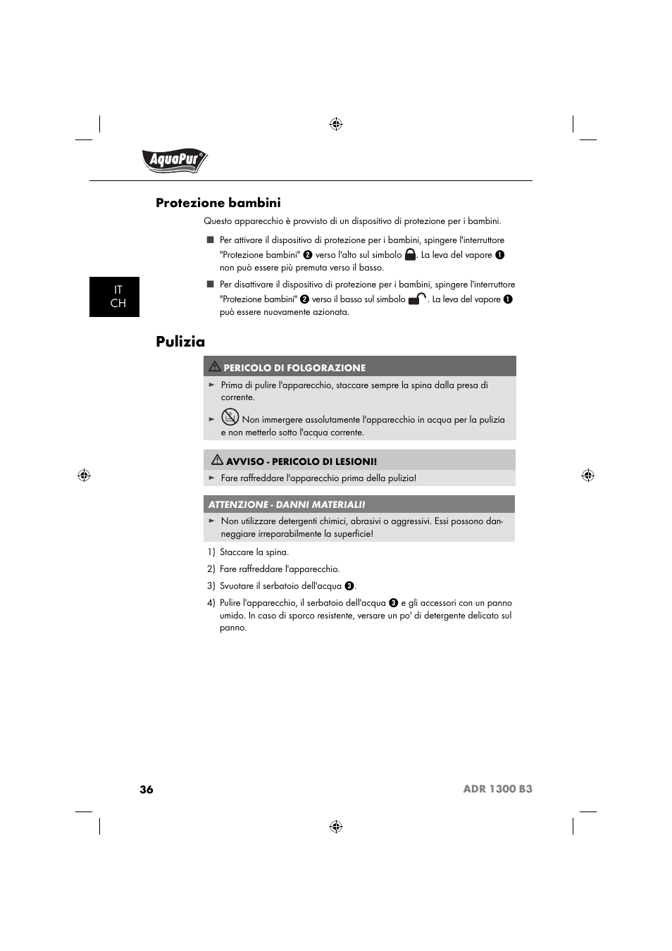 Pulizia, Protezione bambini | Aquapur ADR 1300 B3 Handheld Steam Cleaner User Manual | Page 39 / 68