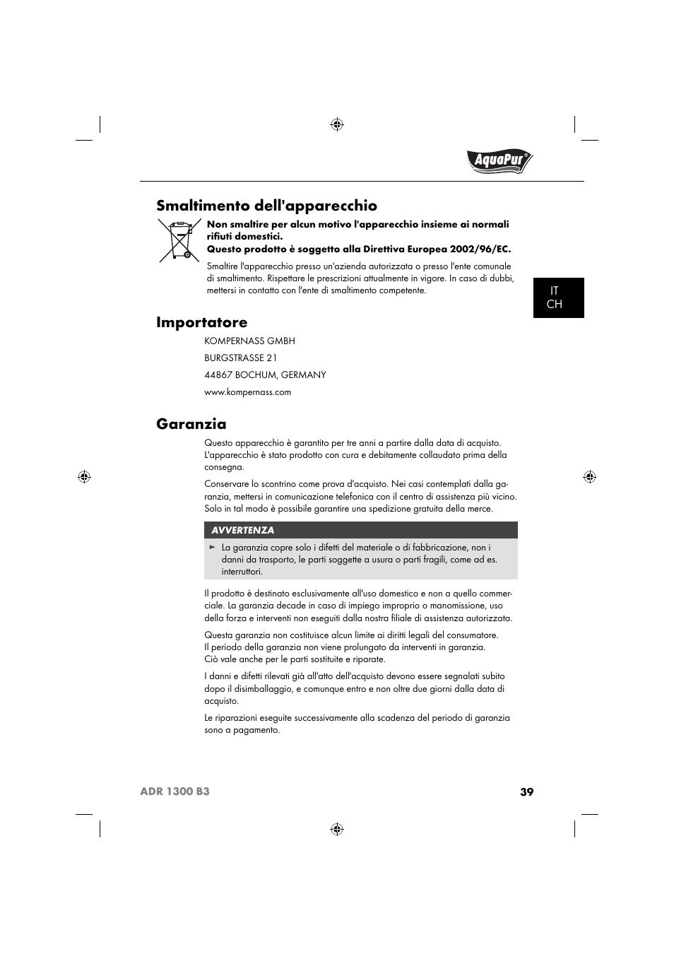 Smaltimento dell'apparecchio, Importatore, Garanzia | Aquapur ADR 1300 B3 Handheld Steam Cleaner User Manual | Page 42 / 68