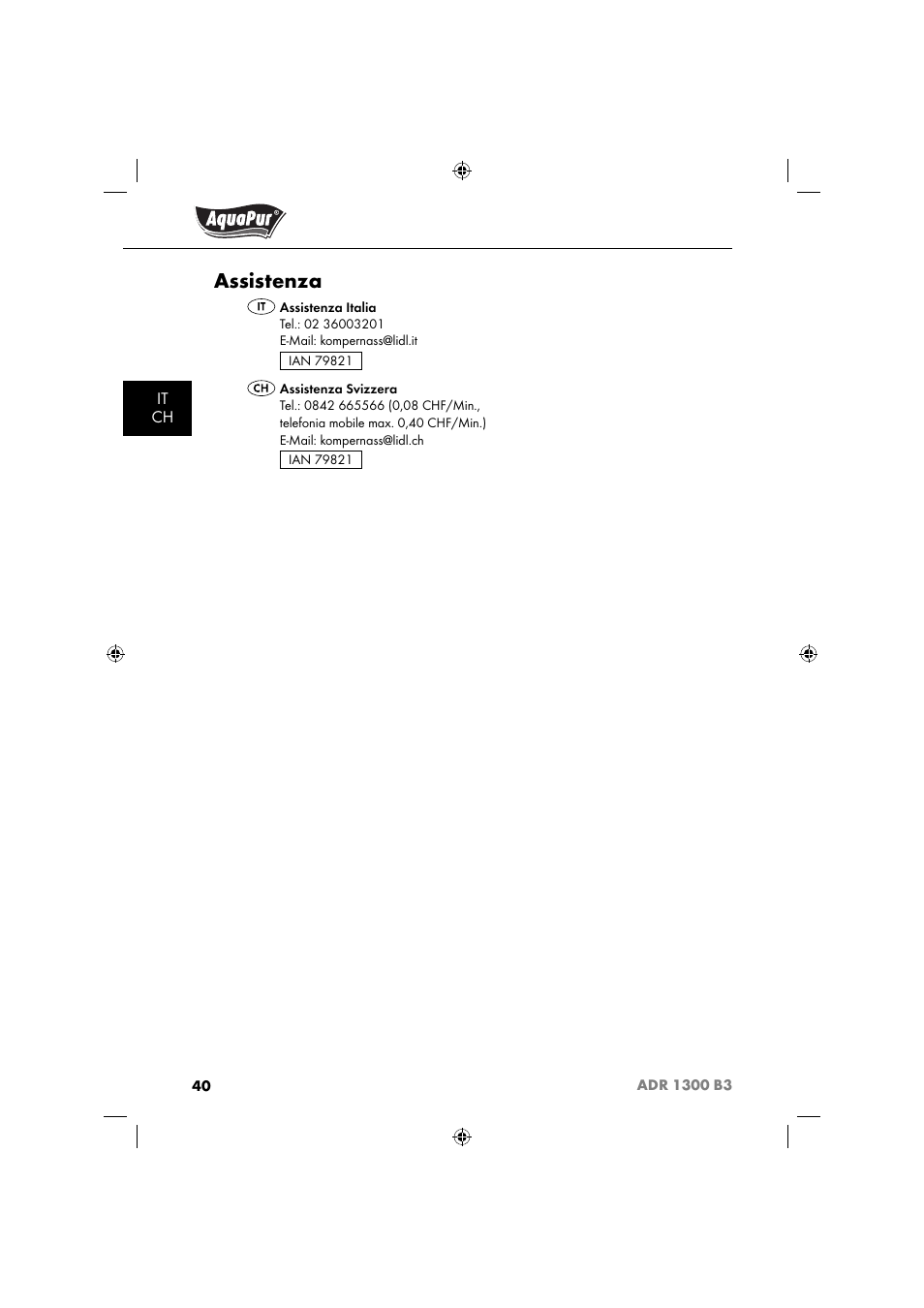 Assistenza | Aquapur ADR 1300 B3 Handheld Steam Cleaner User Manual | Page 43 / 68
