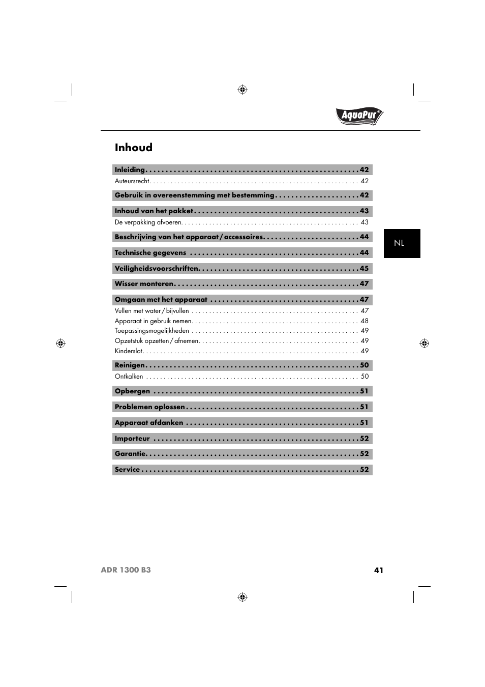 Inhoud | Aquapur ADR 1300 B3 Handheld Steam Cleaner User Manual | Page 44 / 68