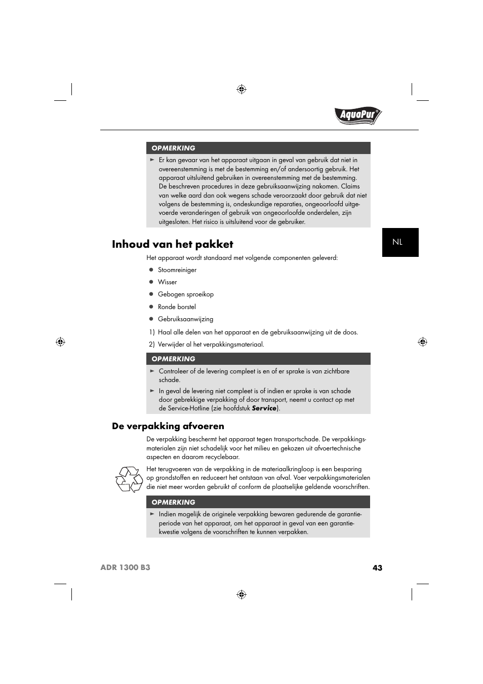 Inhoud van het pakket, De verpakking afvoeren | Aquapur ADR 1300 B3 Handheld Steam Cleaner User Manual | Page 46 / 68