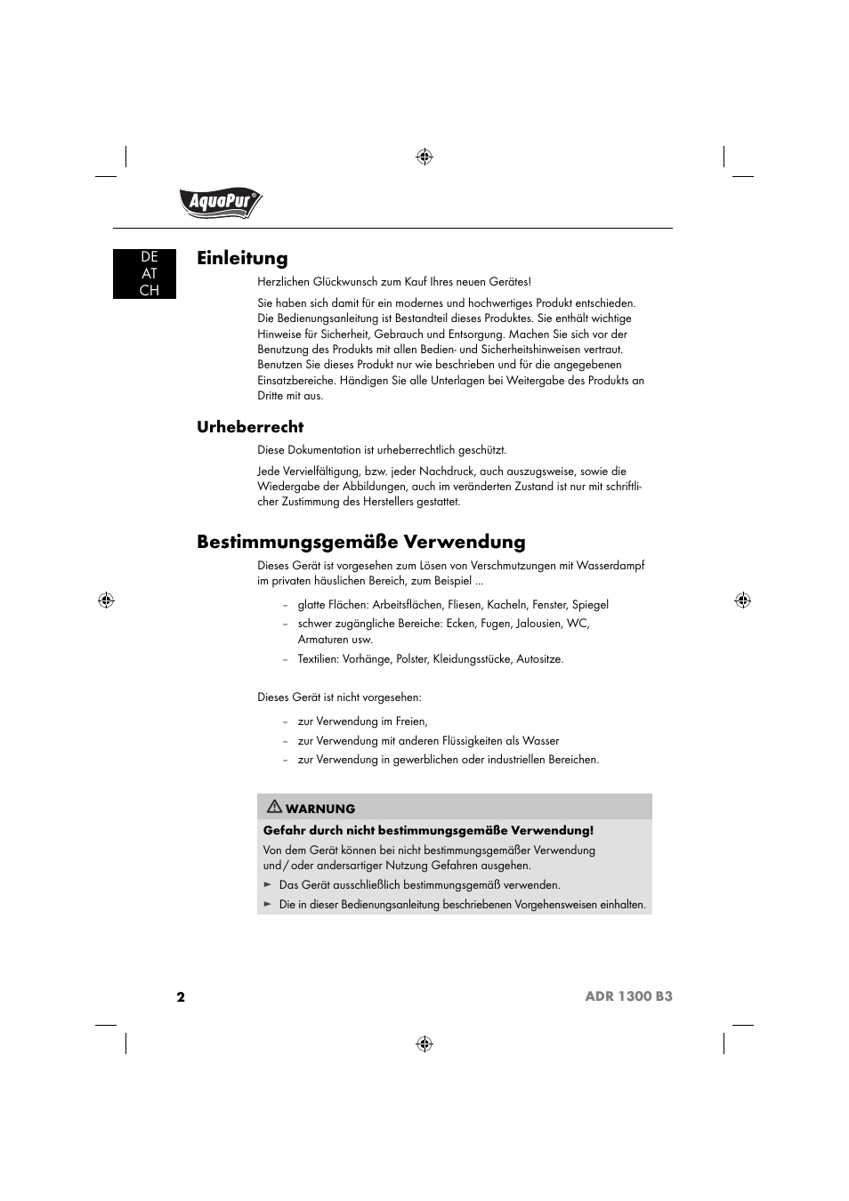 Einleitung, Bestimmungsgemäße verwendung, Urheberrecht | Aquapur ADR 1300 B3 Handheld Steam Cleaner User Manual | Page 5 / 68