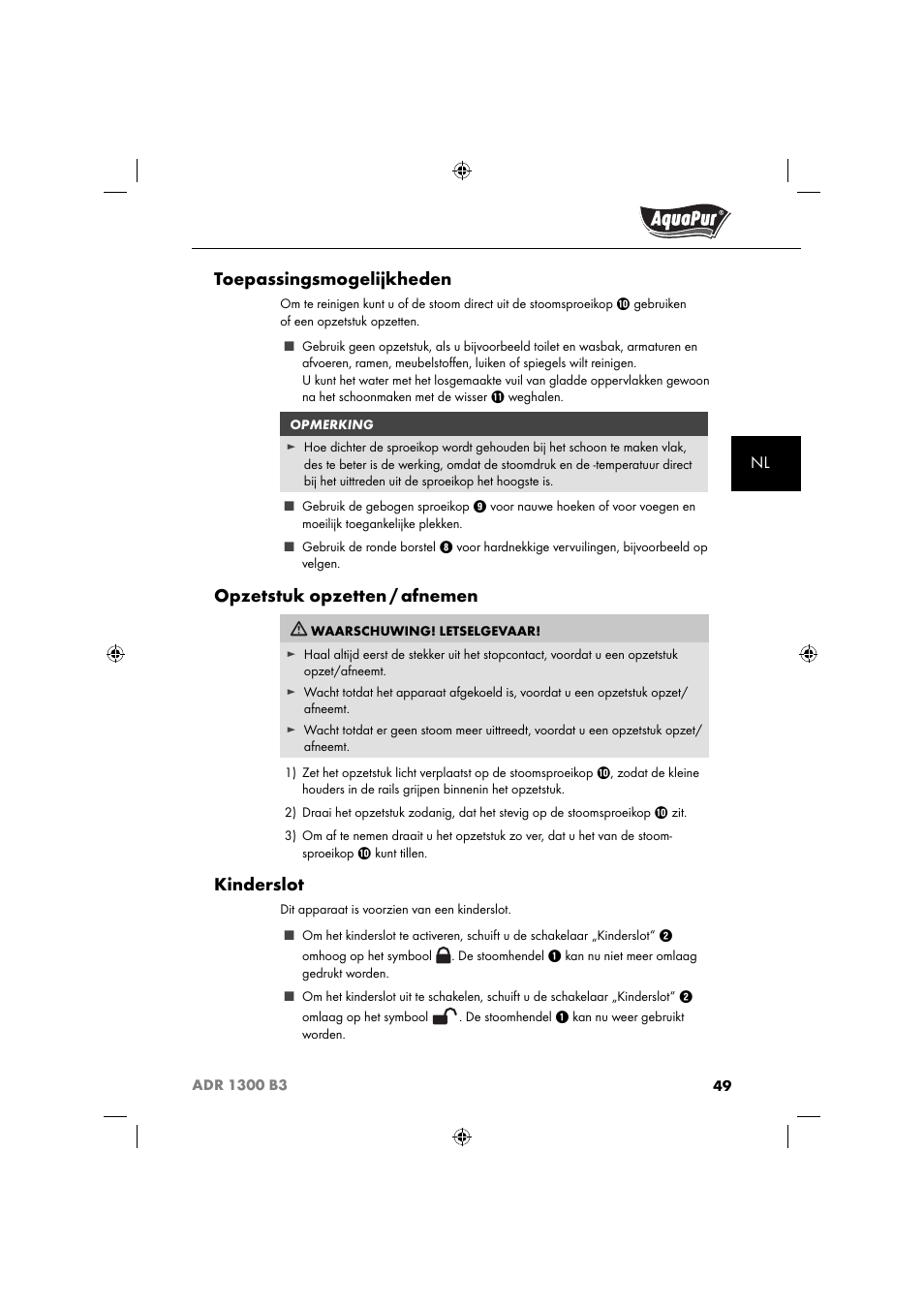 Toepassingsmogelijkheden, Opzetstuk opzetten / afnemen, Kinderslot | Aquapur ADR 1300 B3 Handheld Steam Cleaner User Manual | Page 52 / 68