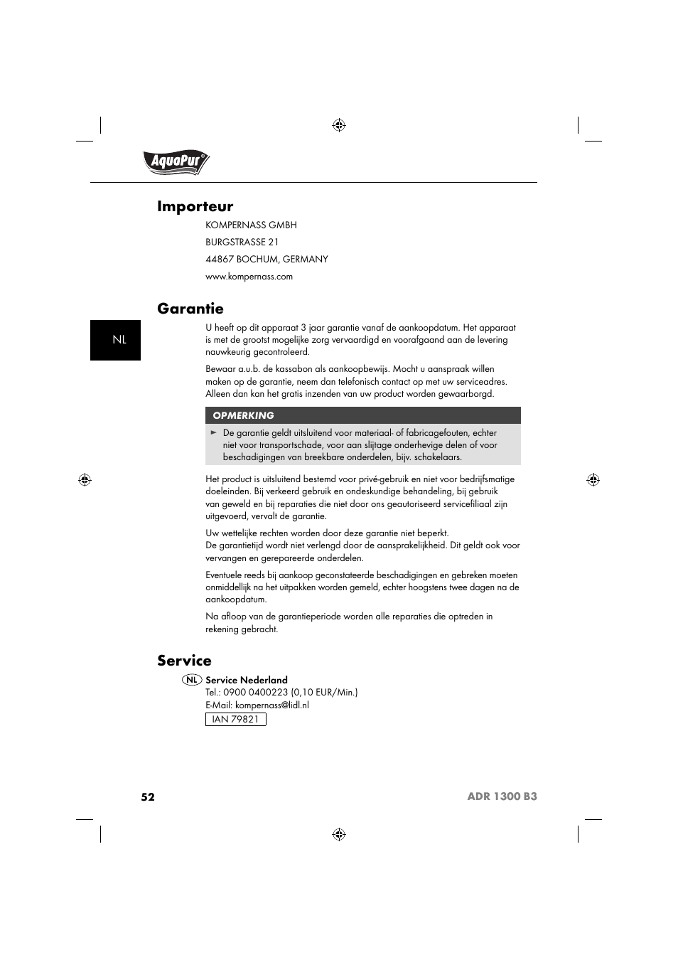 Importeur, Garantie, Service | Aquapur ADR 1300 B3 Handheld Steam Cleaner User Manual | Page 55 / 68
