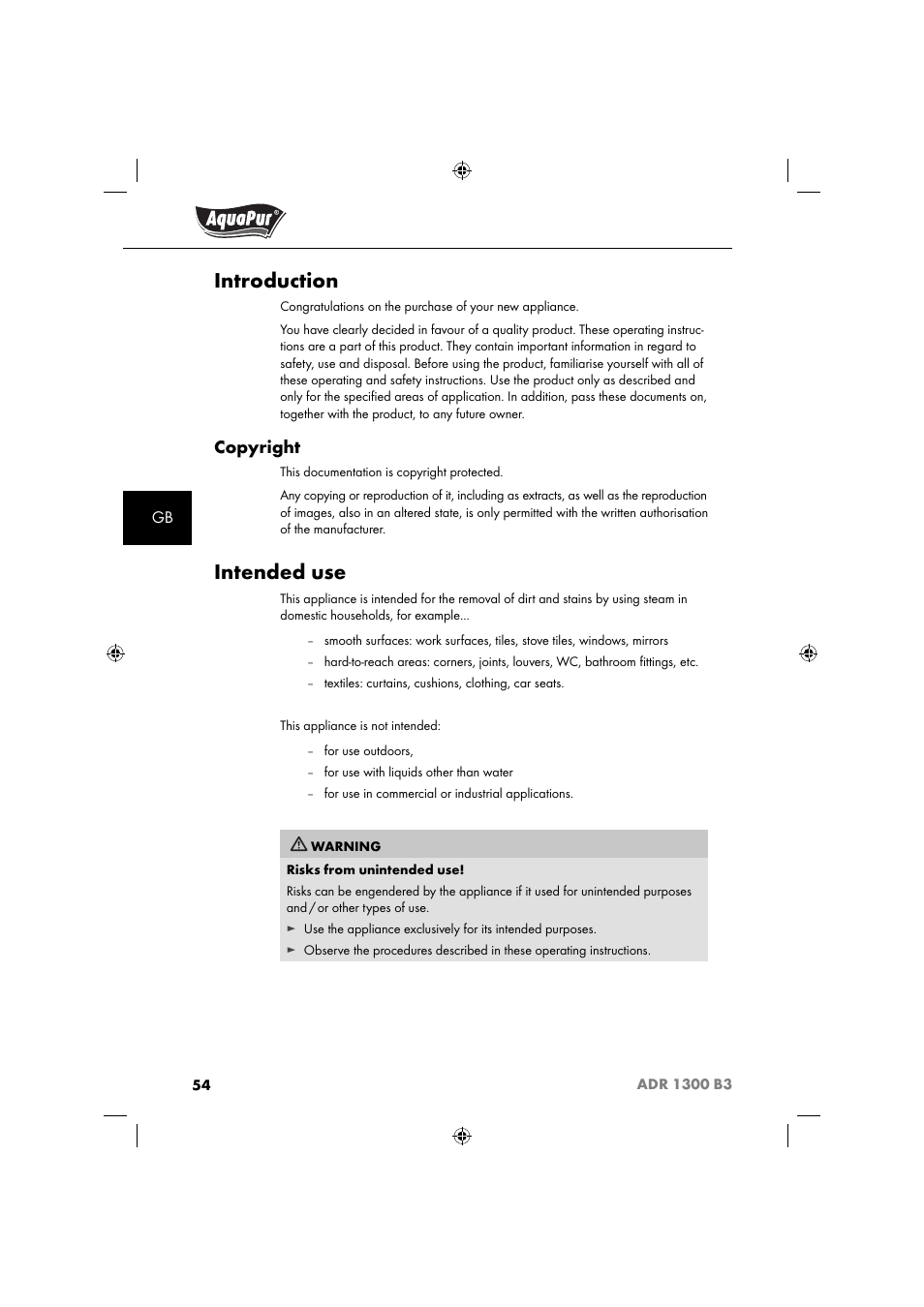 Introduction, Intended use, Copyright | Aquapur ADR 1300 B3 Handheld Steam Cleaner User Manual | Page 57 / 68