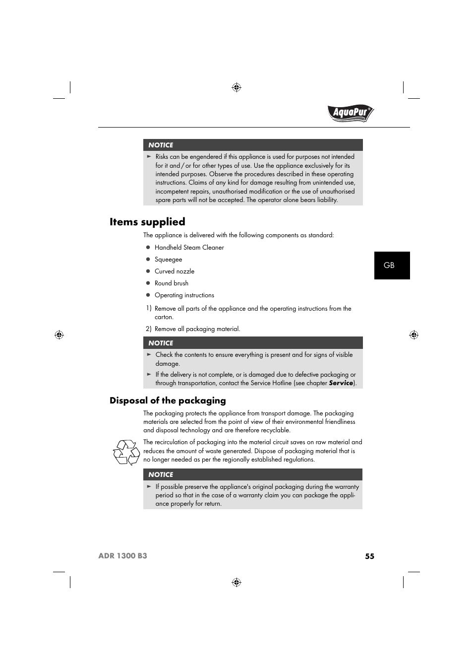 Items supplied, Disposal of the packaging | Aquapur ADR 1300 B3 Handheld Steam Cleaner User Manual | Page 58 / 68