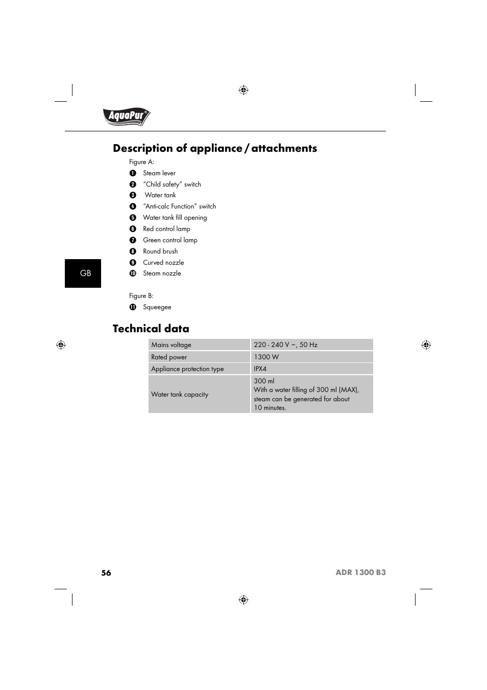 Description of appliance / attachments, Technical data | Aquapur ADR 1300 B3 Handheld Steam Cleaner User Manual | Page 59 / 68