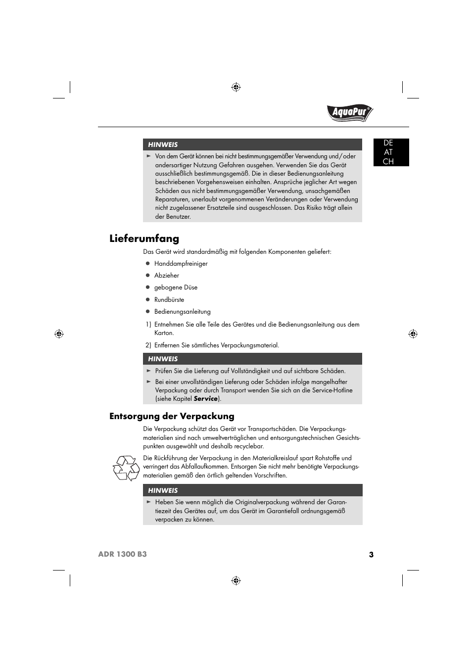 Lieferumfang, Entsorgung der verpackung | Aquapur ADR 1300 B3 Handheld Steam Cleaner User Manual | Page 6 / 68