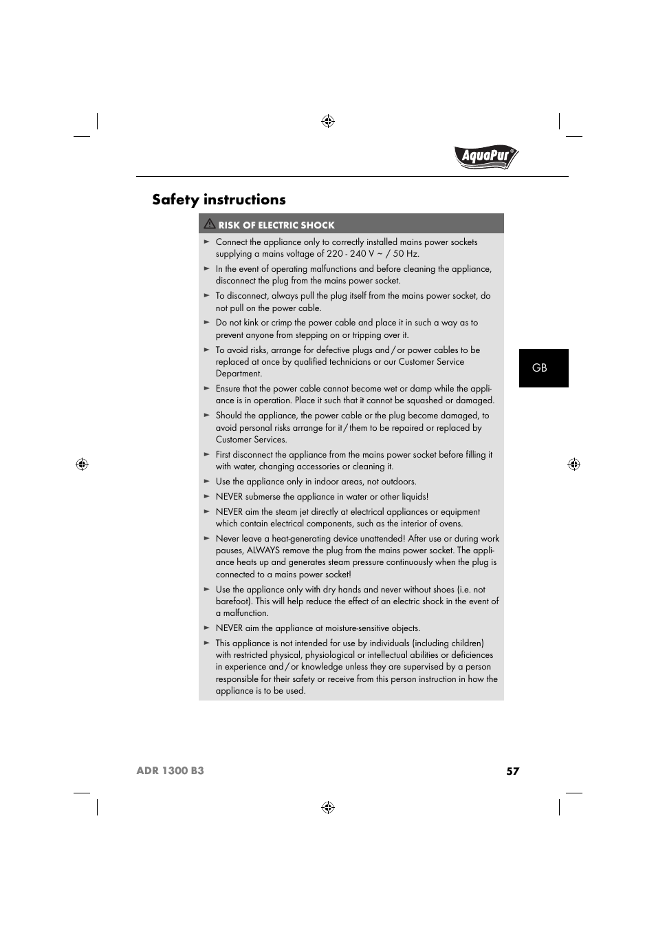 Safety instructions | Aquapur ADR 1300 B3 Handheld Steam Cleaner User Manual | Page 60 / 68