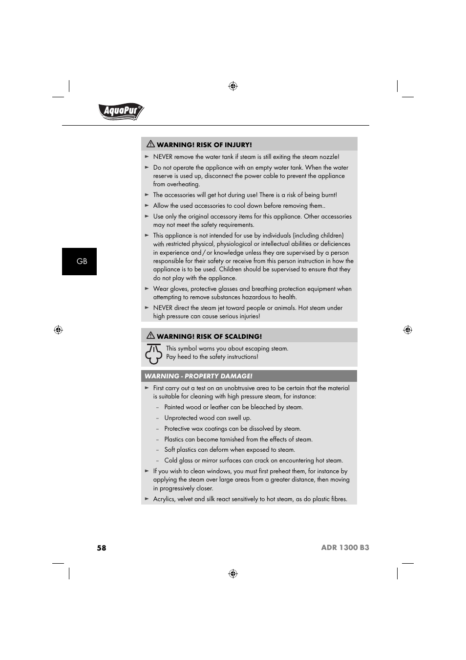 Aquapur ADR 1300 B3 Handheld Steam Cleaner User Manual | Page 61 / 68