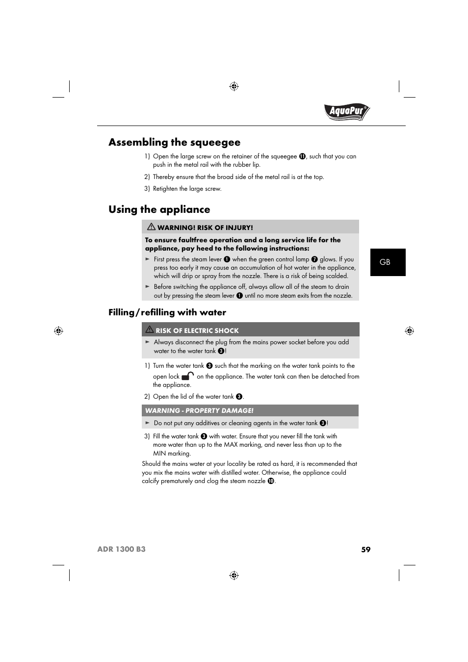 Assembling the squeegee, Using the appliance, Filling | Reﬁ lling with water | Aquapur ADR 1300 B3 Handheld Steam Cleaner User Manual | Page 62 / 68