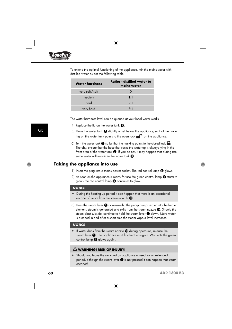 Taking the appliance into use | Aquapur ADR 1300 B3 Handheld Steam Cleaner User Manual | Page 63 / 68