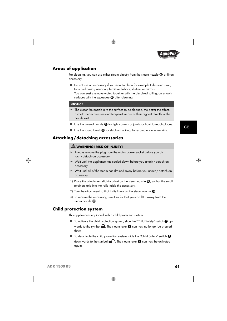 Areas of application, Attaching, Detaching accessories | Child protection system | Aquapur ADR 1300 B3 Handheld Steam Cleaner User Manual | Page 64 / 68