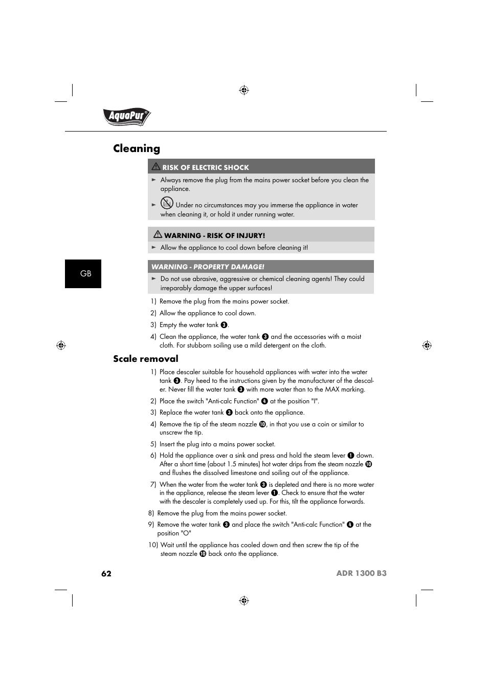 Cleaning, Scale removal | Aquapur ADR 1300 B3 Handheld Steam Cleaner User Manual | Page 65 / 68
