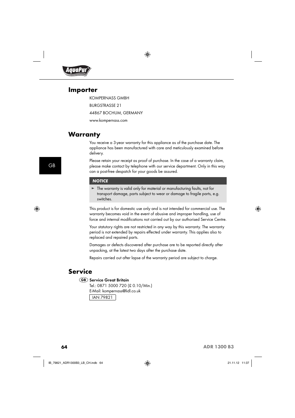 Importer, Warranty, Service | Aquapur ADR 1300 B3 Handheld Steam Cleaner User Manual | Page 67 / 68