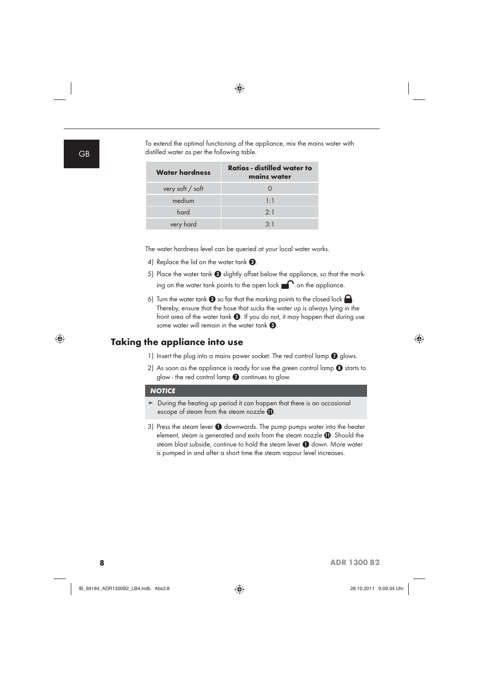 Taking the appliance into use | Aquapur ADR 1300 B2 Hand Steam Cleaner User Manual | Page 10 / 86
