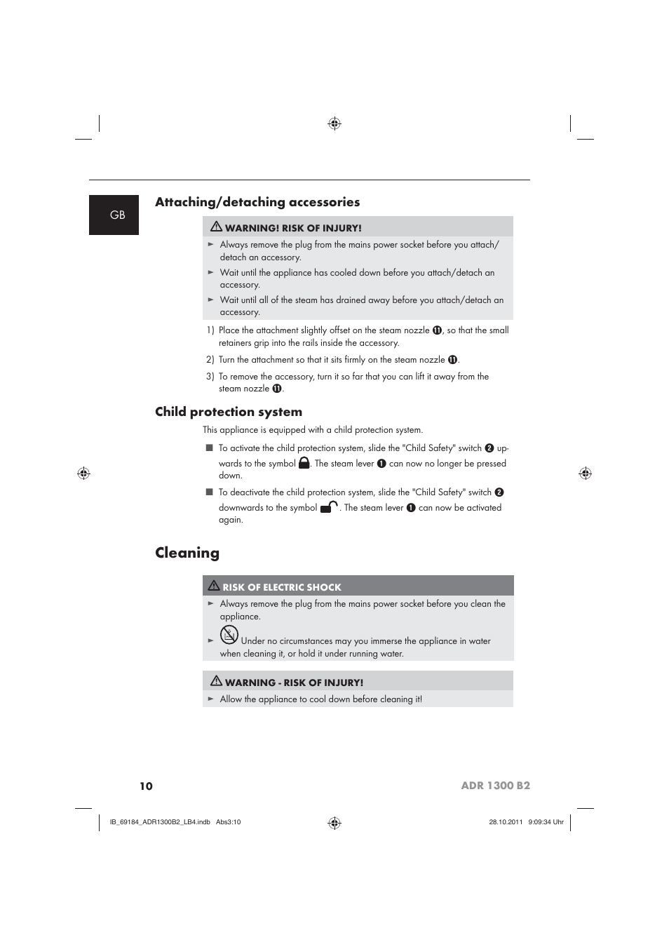 Cleaning, Attaching/detaching accessories, Child protection system | Aquapur ADR 1300 B2 Hand Steam Cleaner User Manual | Page 12 / 86