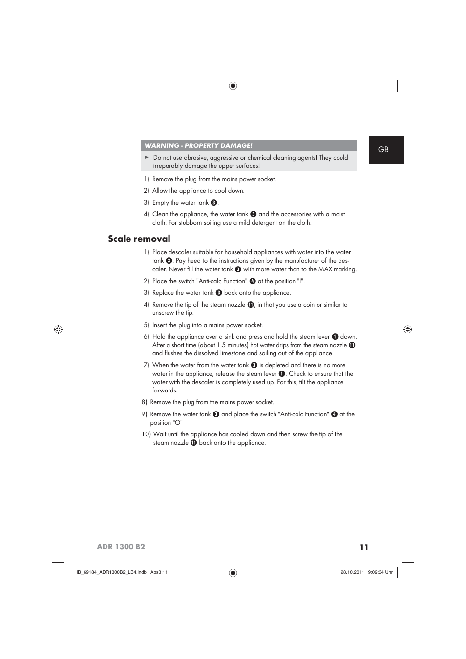 Scale removal | Aquapur ADR 1300 B2 Hand Steam Cleaner User Manual | Page 13 / 86