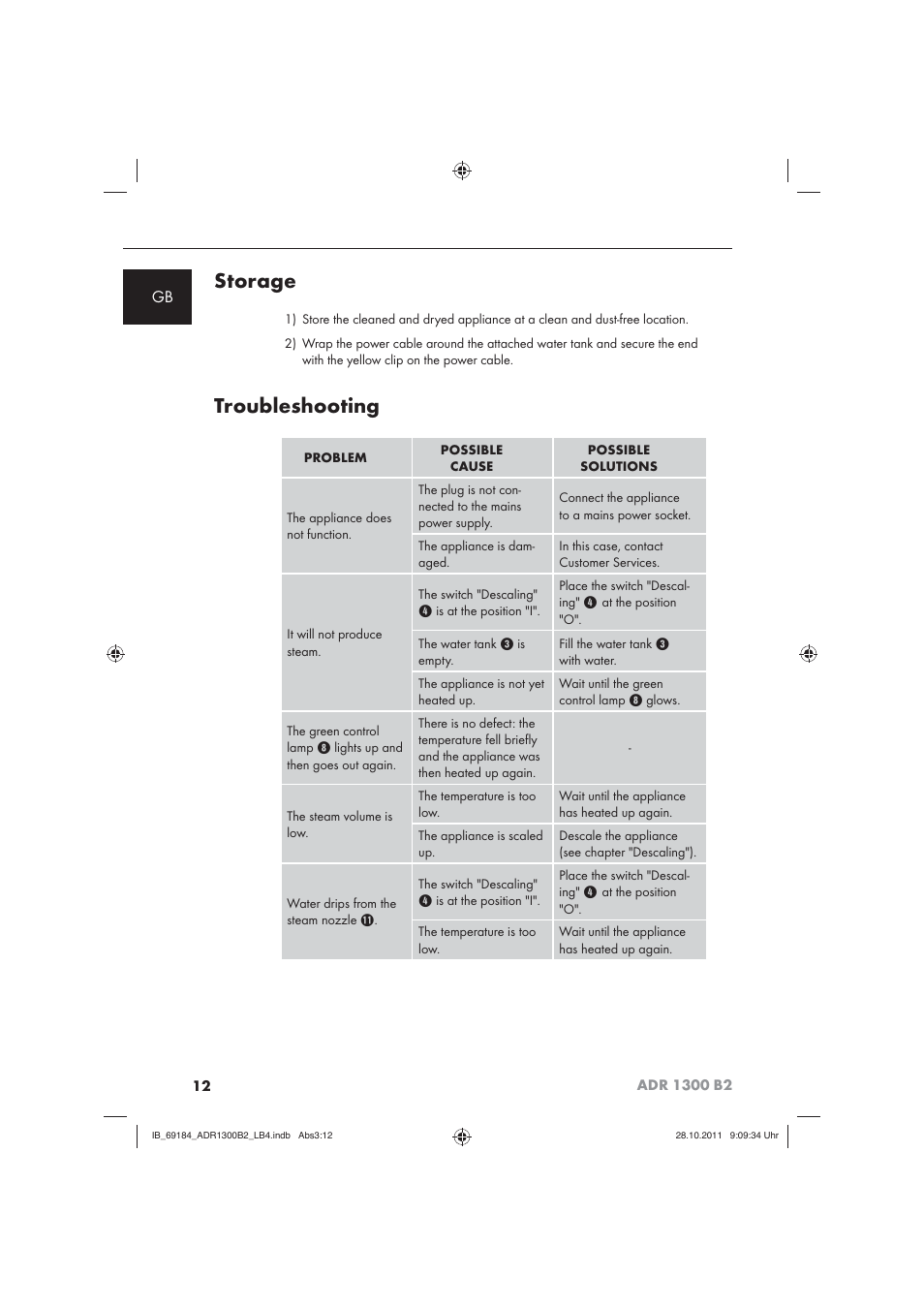 Storage, Troubleshooting | Aquapur ADR 1300 B2 Hand Steam Cleaner User Manual | Page 14 / 86