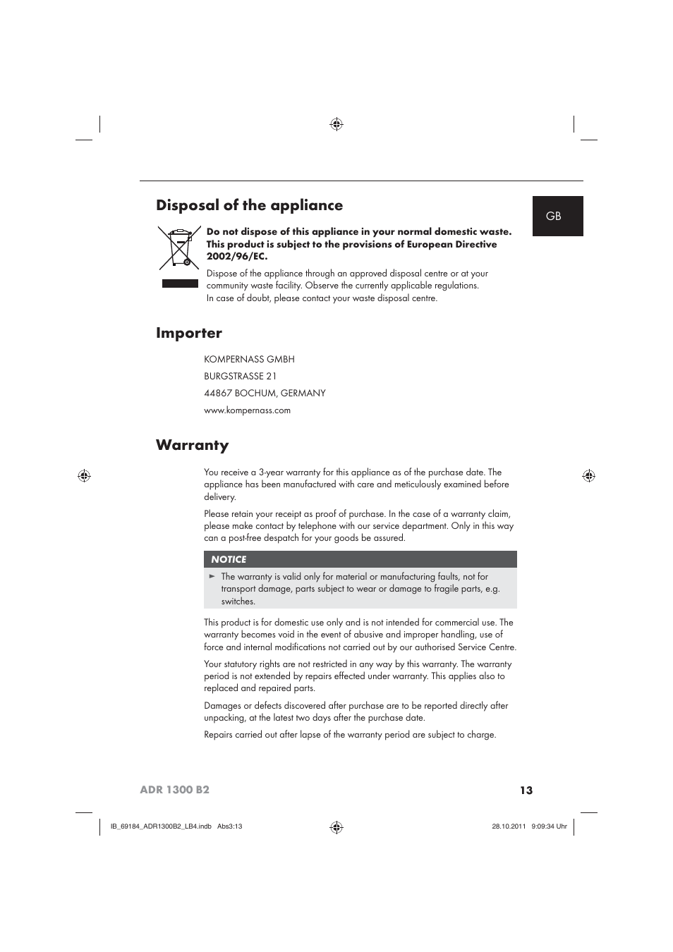Disposal of the appliance, Importer, Warranty | Aquapur ADR 1300 B2 Hand Steam Cleaner User Manual | Page 15 / 86