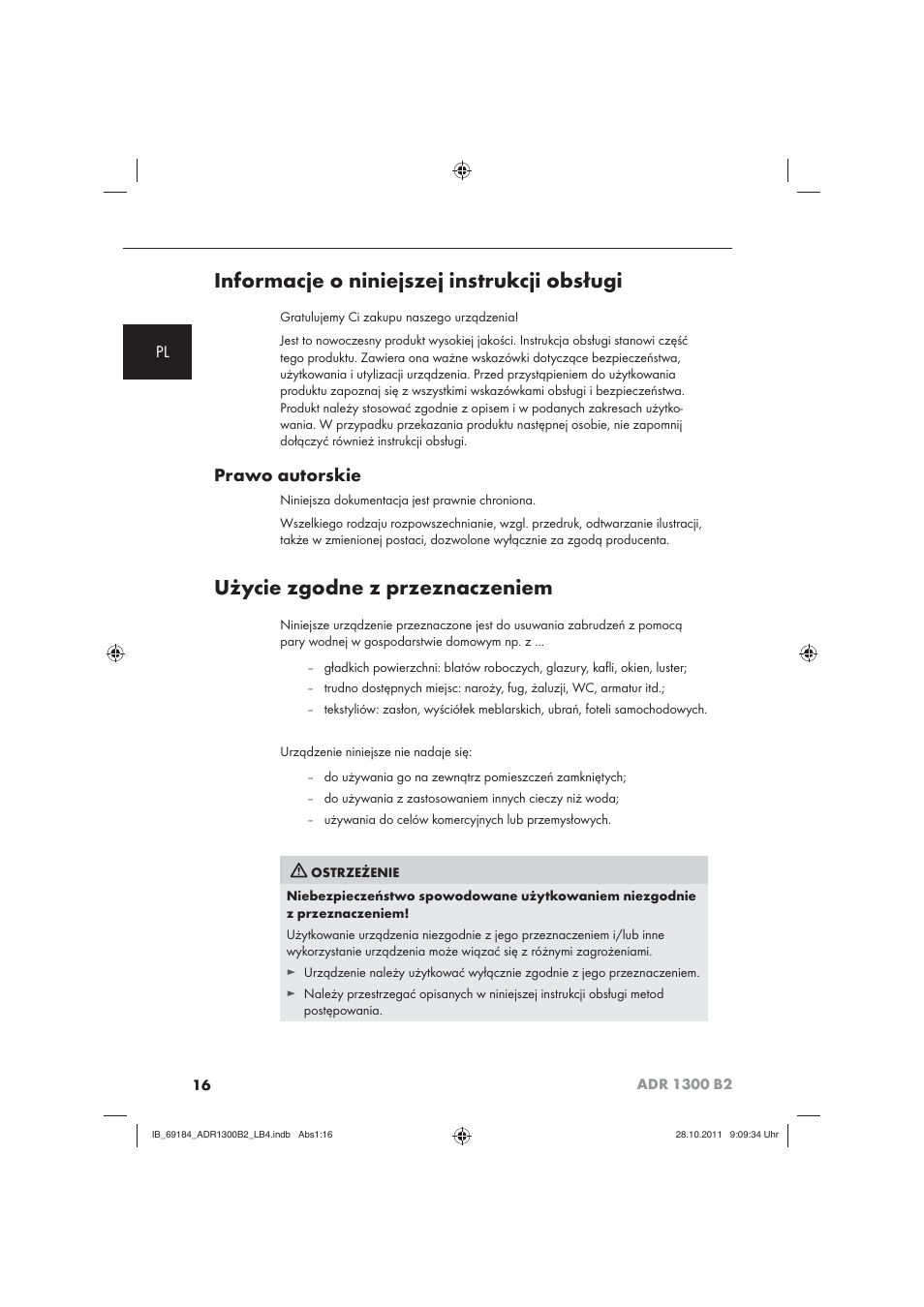 Informacje o niniejszej instrukcji obsługi, Użycie zgodne z przeznaczeniem, Prawo autorskie | Aquapur ADR 1300 B2 Hand Steam Cleaner User Manual | Page 18 / 86