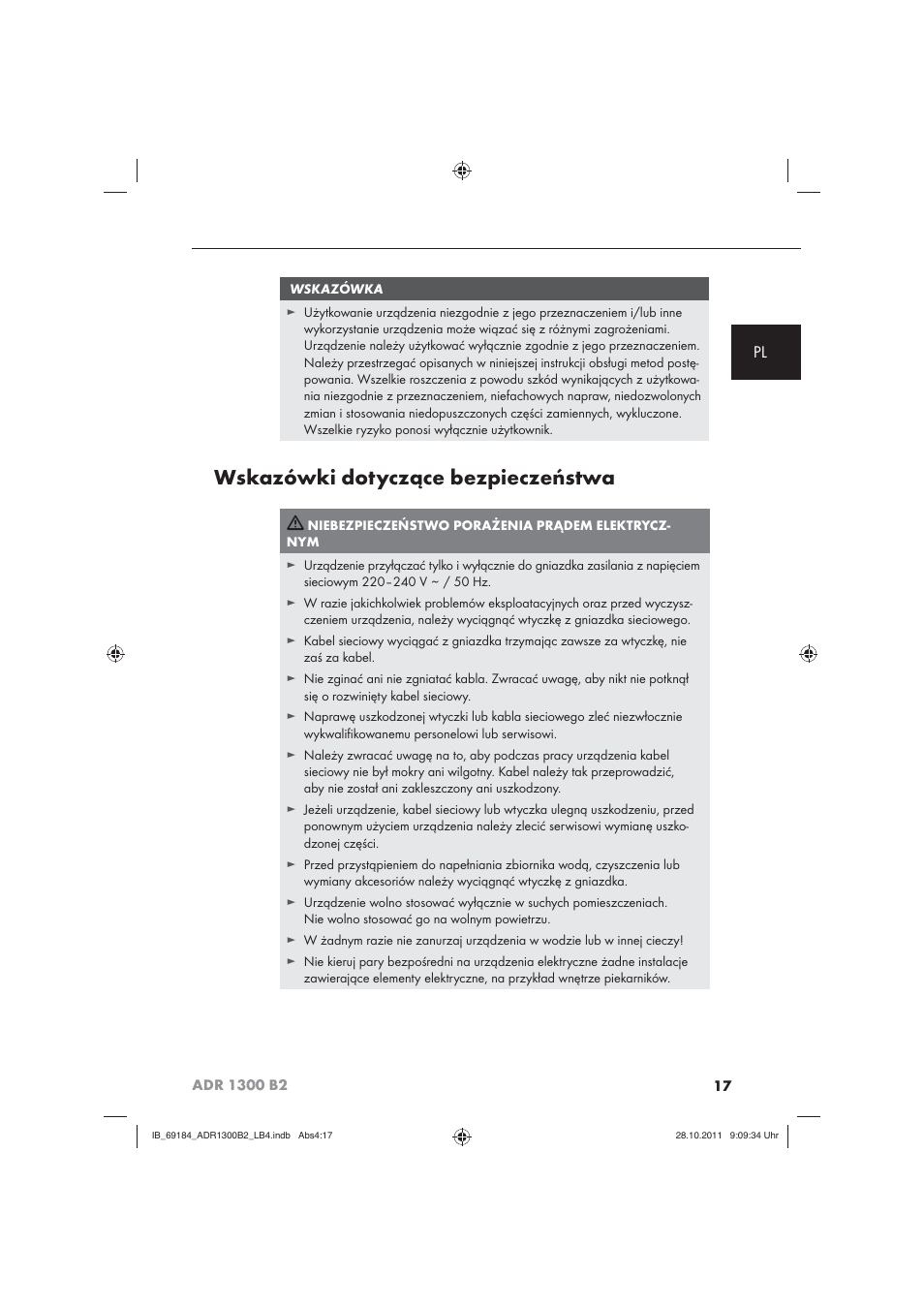 Wskazówki dotyczące bezpieczeństwa | Aquapur ADR 1300 B2 Hand Steam Cleaner User Manual | Page 19 / 86