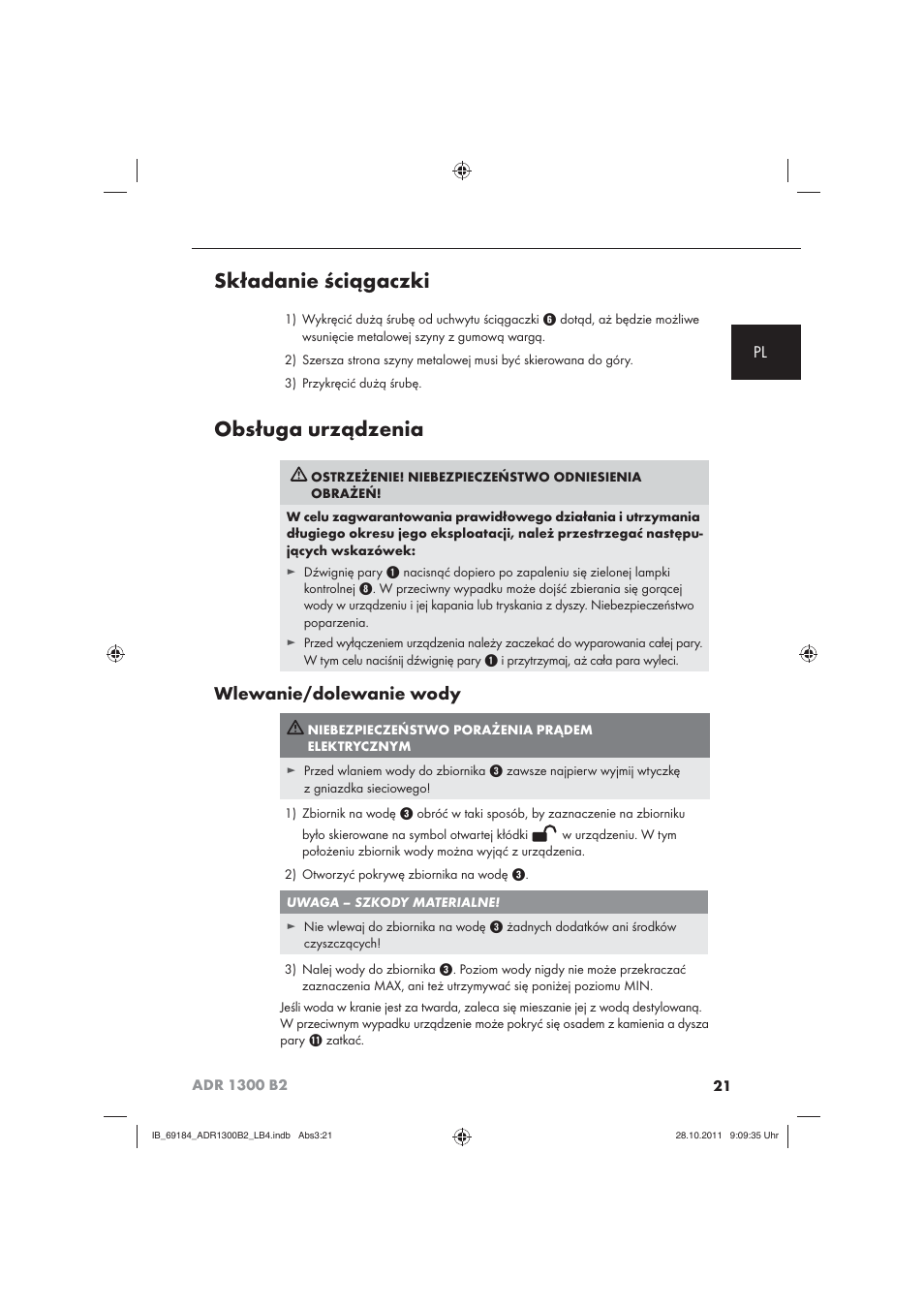 Składanie ściągaczki, Obsługa urządzenia, Wlewanie/dolewanie wody | Aquapur ADR 1300 B2 Hand Steam Cleaner User Manual | Page 23 / 86
