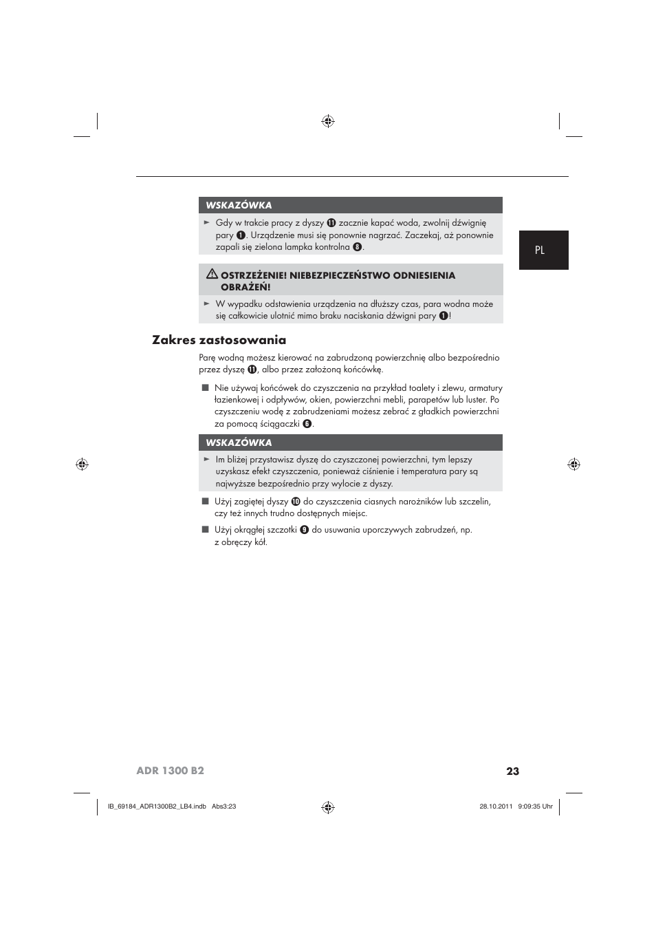 Zakres zastosowania | Aquapur ADR 1300 B2 Hand Steam Cleaner User Manual | Page 25 / 86