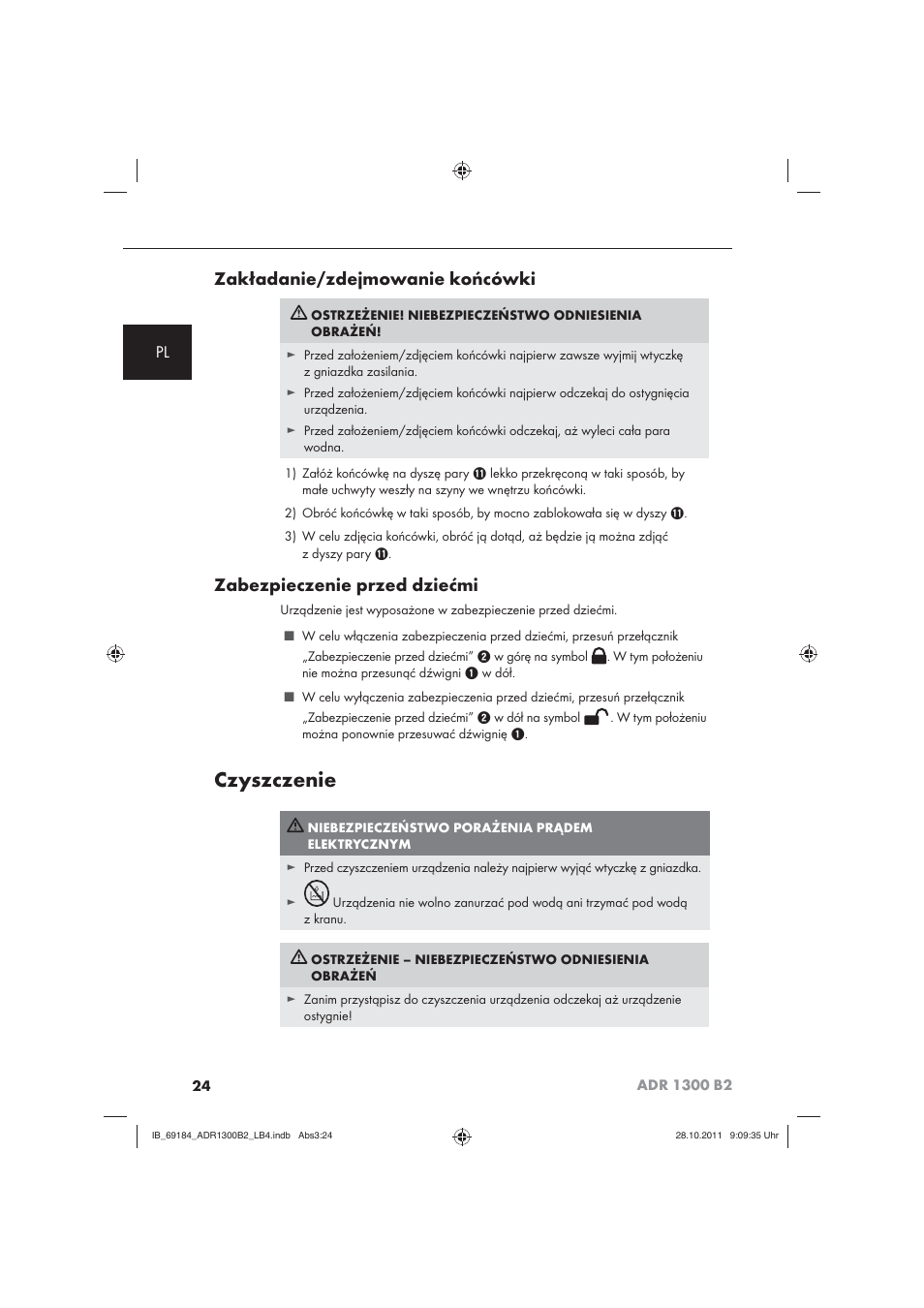 Czyszczenie, Zakładanie/zdejmowanie końcówki, Zabezpieczenie przed dziećmi | Aquapur ADR 1300 B2 Hand Steam Cleaner User Manual | Page 26 / 86