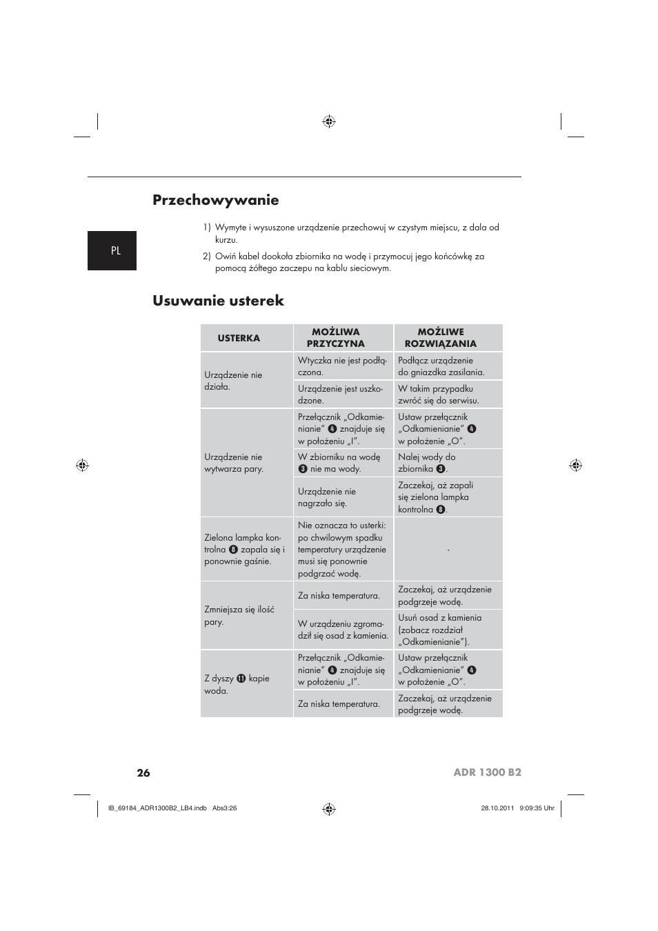 Przechowywanie, Usuwanie usterek | Aquapur ADR 1300 B2 Hand Steam Cleaner User Manual | Page 28 / 86