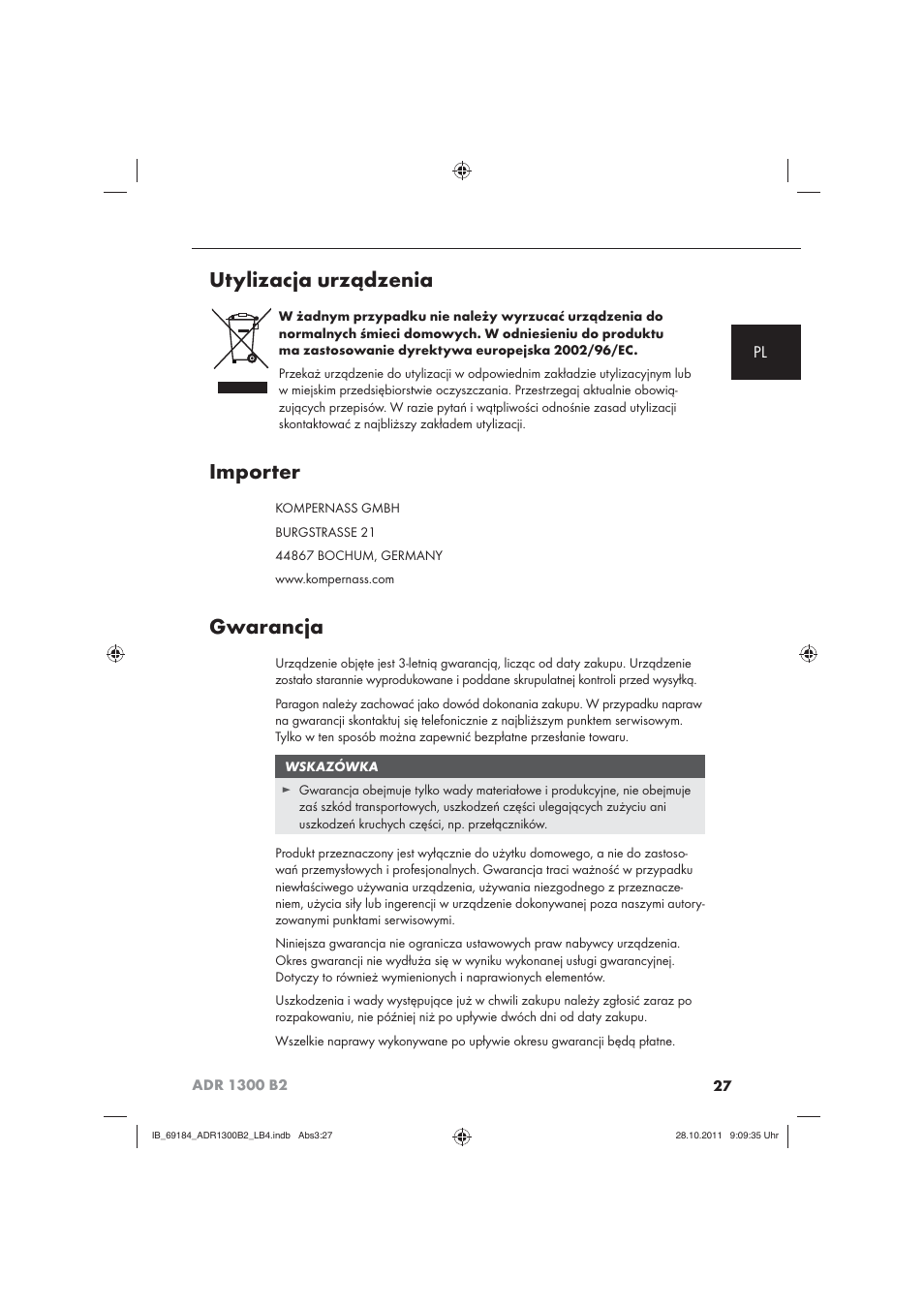 Utylizacja urządzenia, Importer, Gwarancja | Aquapur ADR 1300 B2 Hand Steam Cleaner User Manual | Page 29 / 86