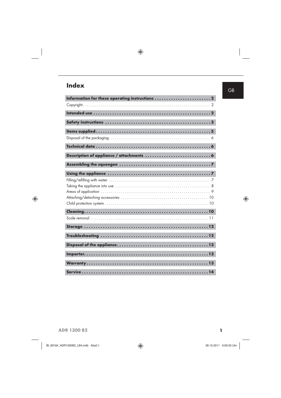 Index | Aquapur ADR 1300 B2 Hand Steam Cleaner User Manual | Page 3 / 86