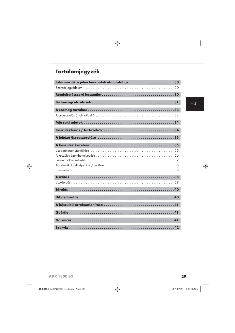 Tartalomjegyzék | Aquapur ADR 1300 B2 Hand Steam Cleaner User Manual | Page 31 / 86